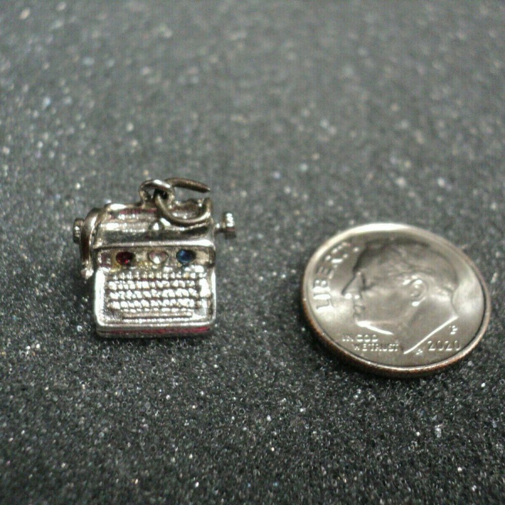 Vintage Typewriter Charm Silver Red, White, Blue Crystals 5/8" x  1/2" 1960's